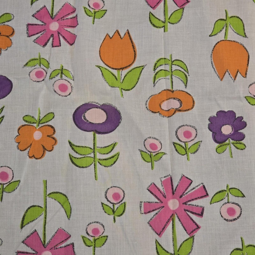 90s Colorful Floral Cotton Fabric Material Flowers Purple Pink Orange Green‎